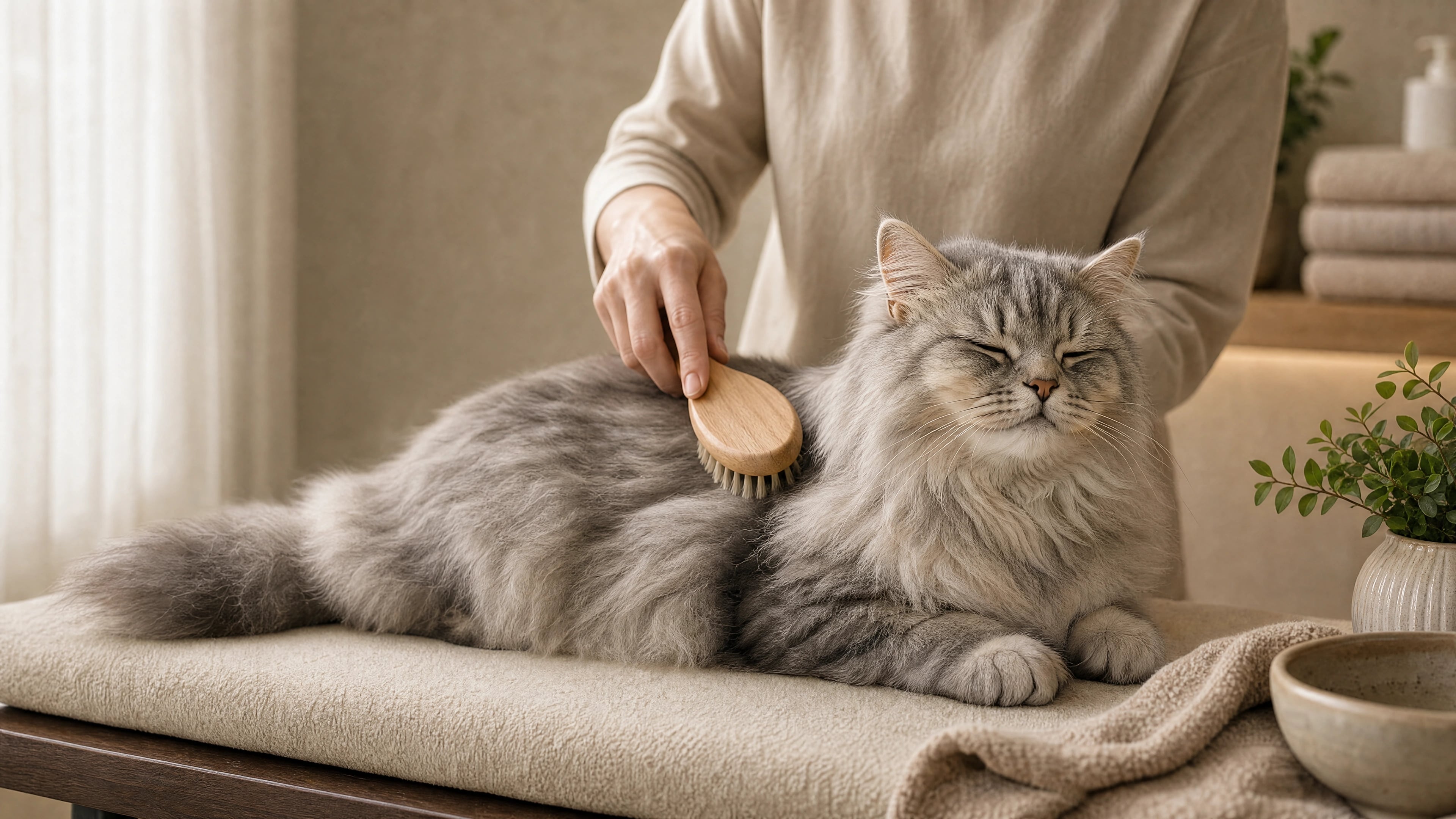 Entspannte Katze bei einer sanften Fellpflege im Holistic Spa