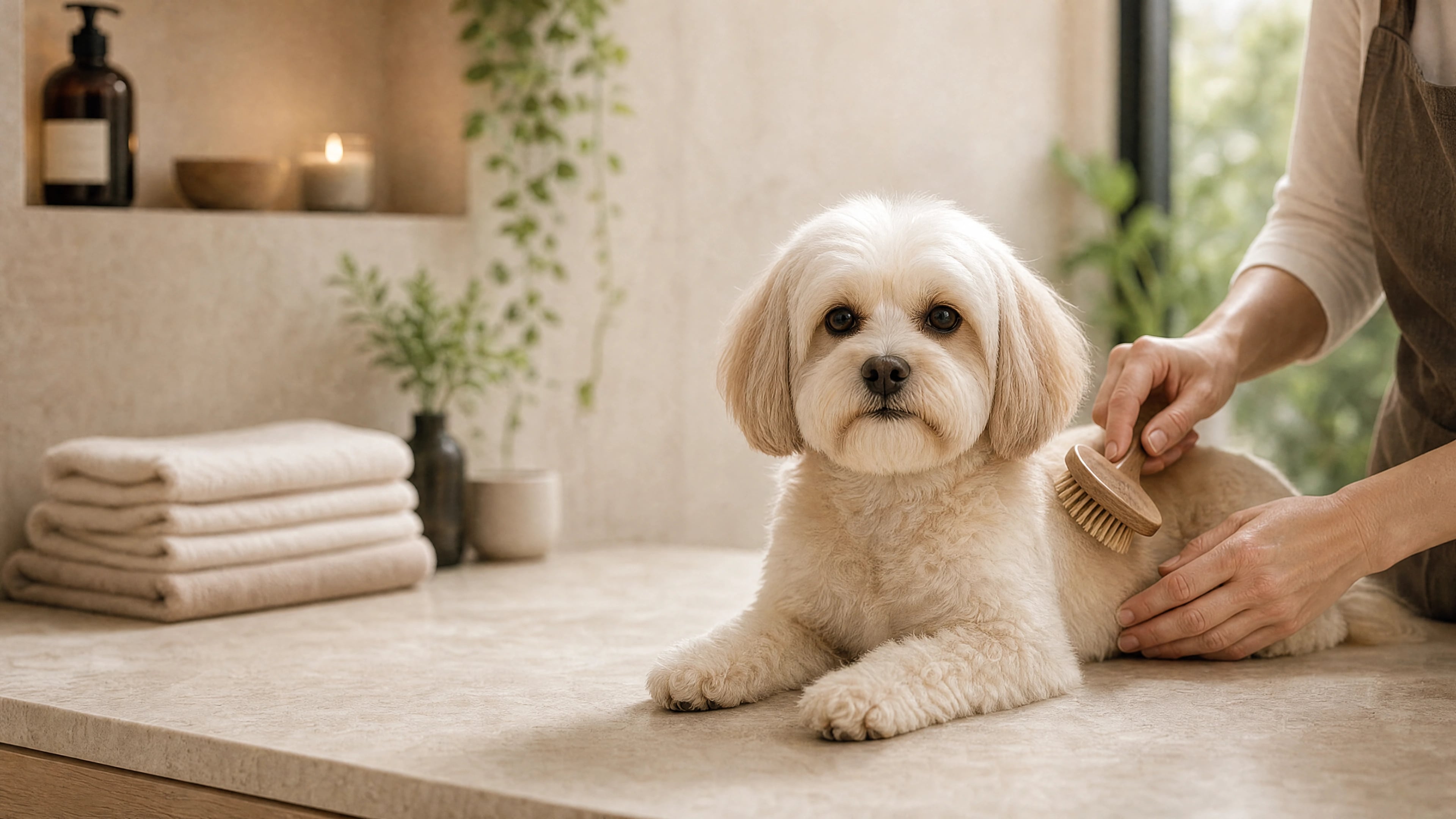 Entspannter Hund bei einer sanften Fellpflege im Holistic Spa