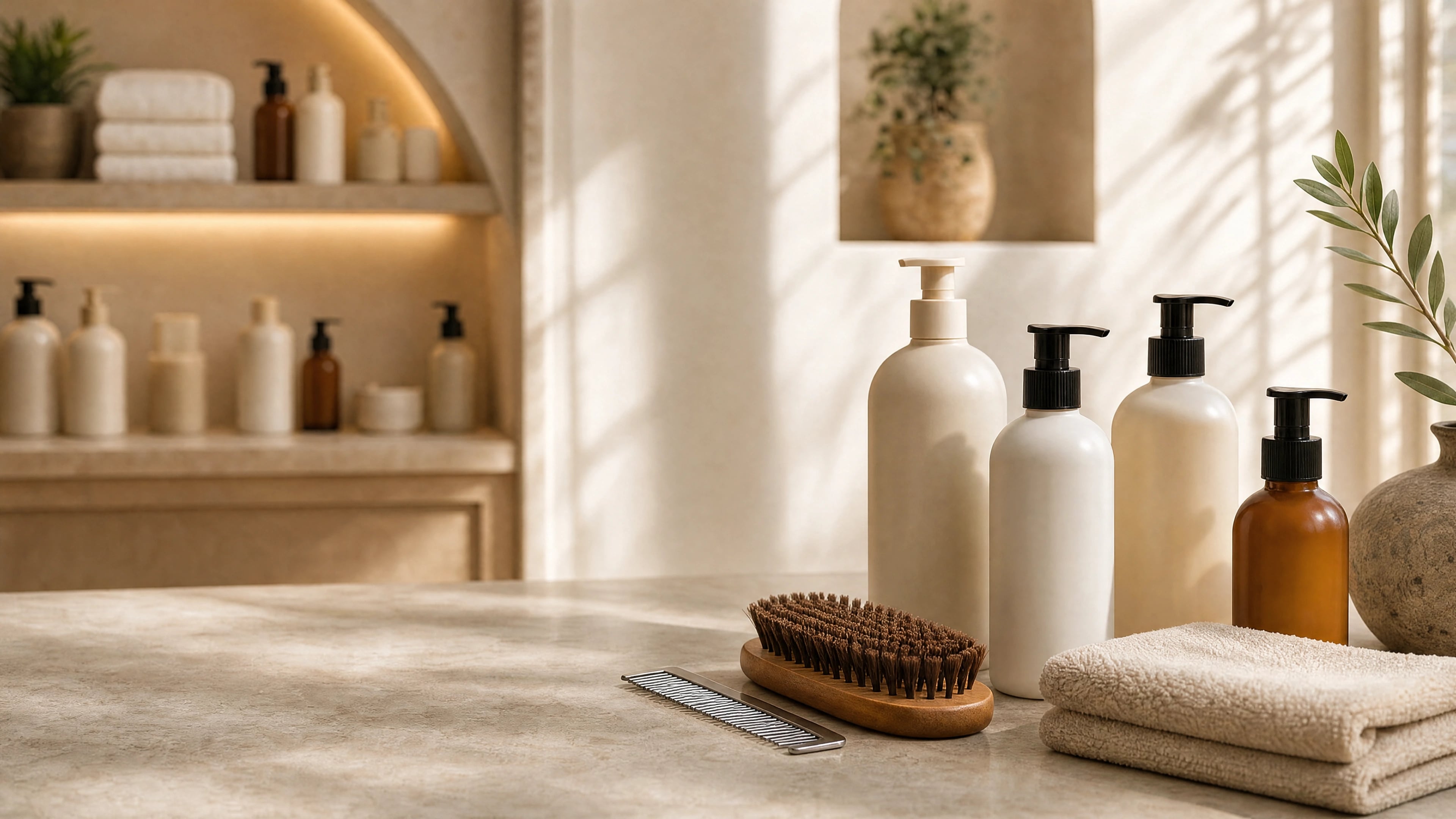 Hochwertige Pflegeprodukte, Bürste und Handtücher im Holistic Spa