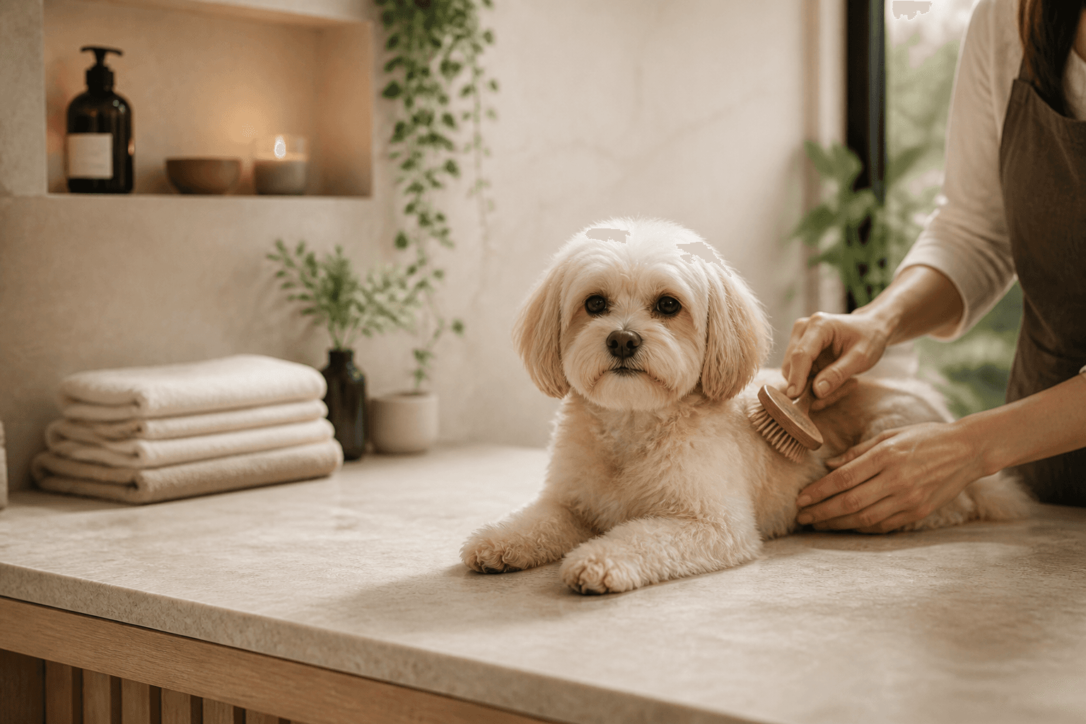 Hund wird in ruhiger Studioatmosphäre gebürstet